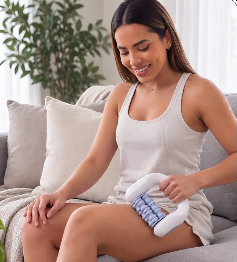 Mulher usando o massageador sentada no sofá